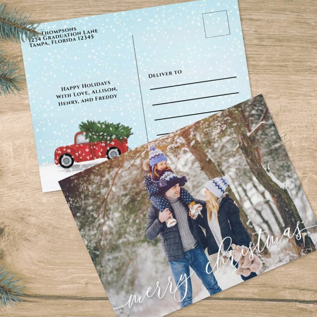 Vintage Red Truck Christmas Photo Card 1 Photo (Merry Christmas photo postcard template with rustic red truck. )