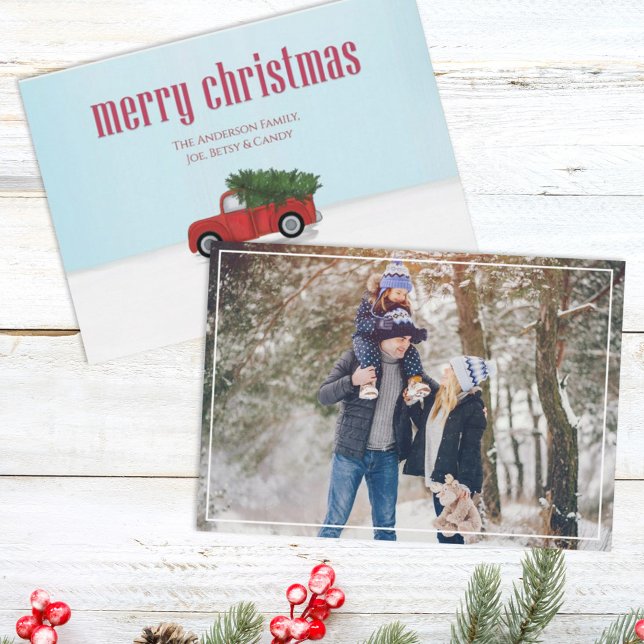 Vintage Red Truck Christmas Photo Card 1 Photo (Merry Christmas holiday photo card with a rustic red truck on the backside. )