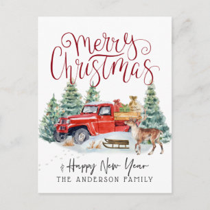 Vintage Red Truck Christmas Postcard