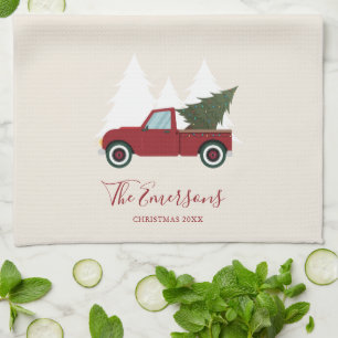Vintage Red Truck Christmas Tea Towel