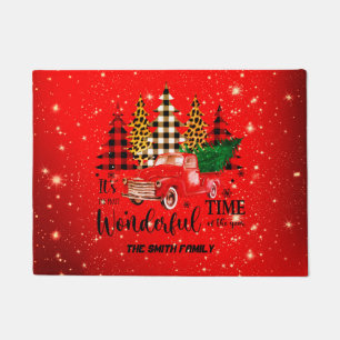 Vintage red truck Christmas time  Doormat