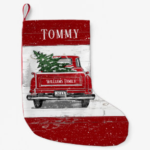 Vintage Red Truck Christmas Tree Boy Name Small Christmas Stocking