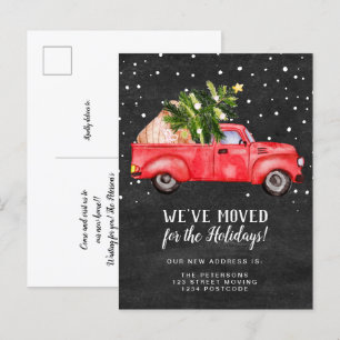 Vintage red truck Christmas tree chalkboard moving Announcement Postcard