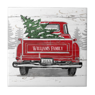 Vintage Red Truck Christmas Tree Family Name Tile