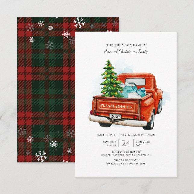 Vintage Red Truck Christmas Tree Family Party Card (Front/Back)