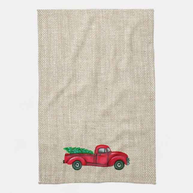 Vintage Red Truck Christmas Tree Kitchen Towel (Vertical)