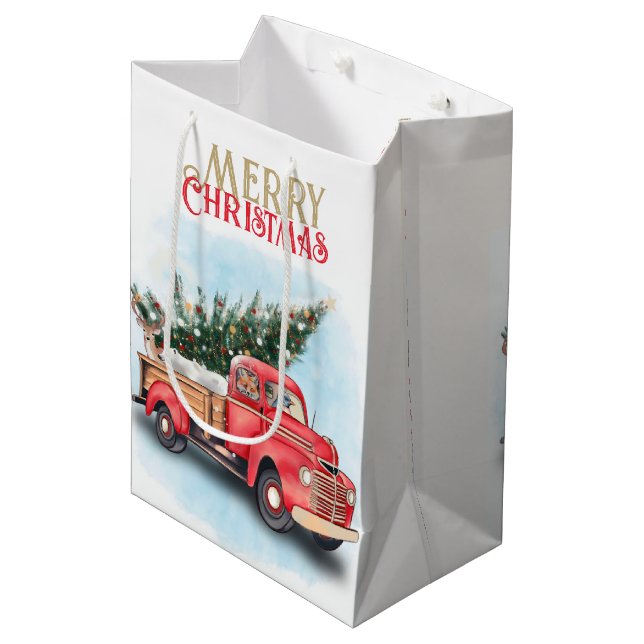 Vintage Red Truck Christmas Tree Medium Gift Bag (Front Angled)