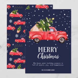 Vintage red truck Christmas tree navy Merry Holiday Card