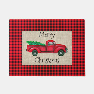 Vintage Red Truck Christmas Tree Plaid Doormat