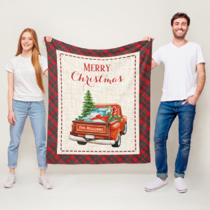 Vintage Red Truck Christmas Tree Plaid Pattern Fleece Blanket