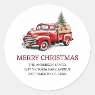 Vintage Red Truck Christmas Tree Return Address Classic Round Sticker