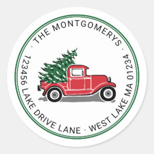 Vintage Red Truck Christmas Tree Return Address Classic Round Sticker