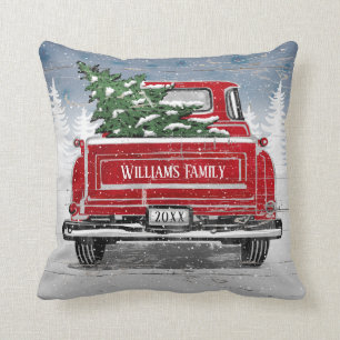 Vintage Red Truck Christmas Tree Rustic Name Cushion