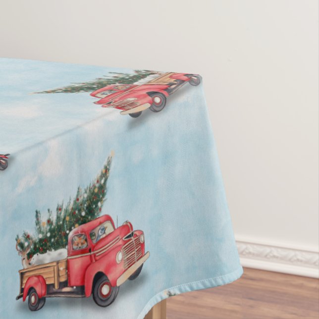 Vintage Red Truck Christmas Tree Tablecloth (In Situ)