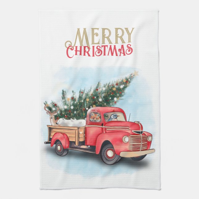 Vintage Red Truck Christmas Tree Tea Towel (Vertical)