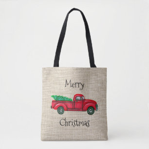 Vintage Red Truck Christmas Tree Tote Bag