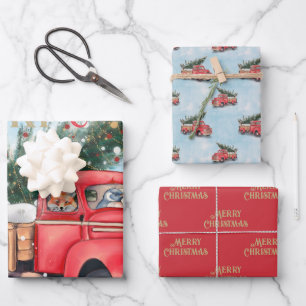 Vintage Red Truck Christmas Tree Wrapping Paper Sheet