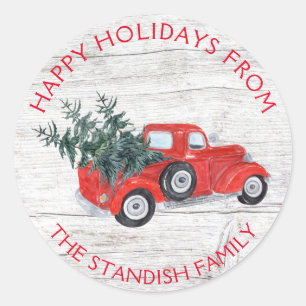 Vintage Red Truck Christmas Trees Barn Wood Classic Round Sticker