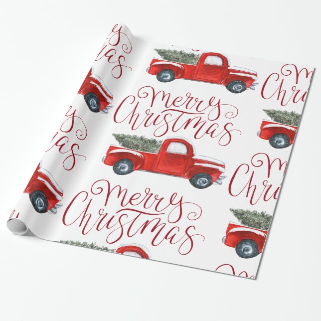 Vintage Red Truck Christmas Wrapping Paper (Unrolled)