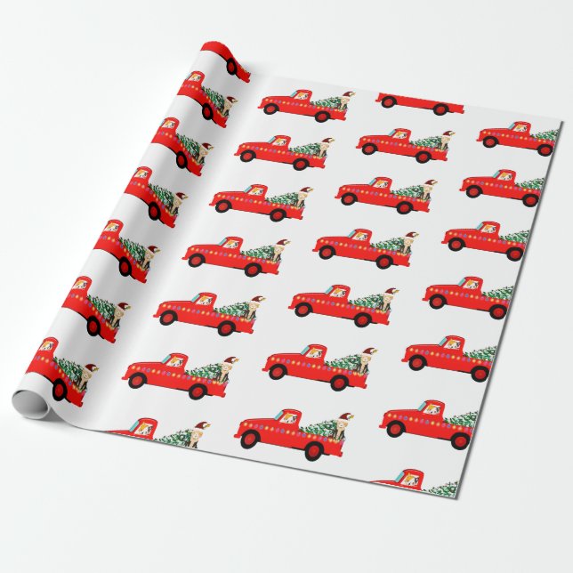 Vintage Red Truck Christmas Wrapping Paper (Unrolled)