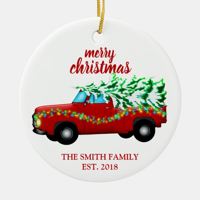 Vintage Red Truck Established Family Ornament (Front)