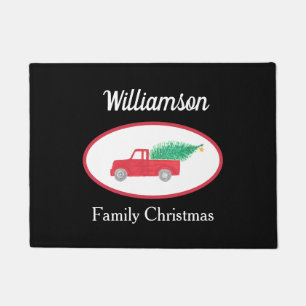 Vintage Red Truck Family Name Christmas Black Doormat