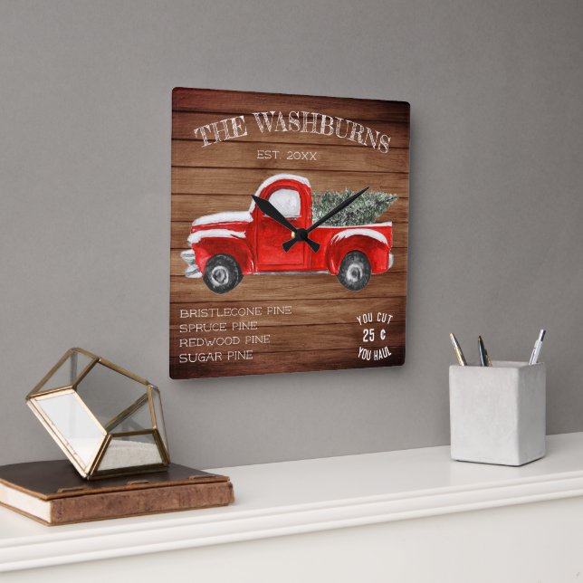 Vintage Red Truck | Farmhouse Christmas Square Wall Clock (Office)