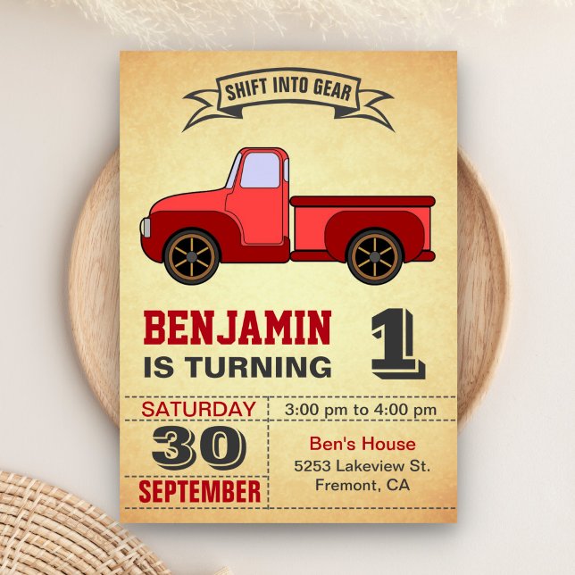 Vintage Red Truck First Birthday Party Invitation (Creator Uploaded)
