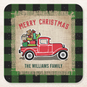 Vintage Red Truck Gifts Green Buffalo Plaid Xmas Square Paper Coaster