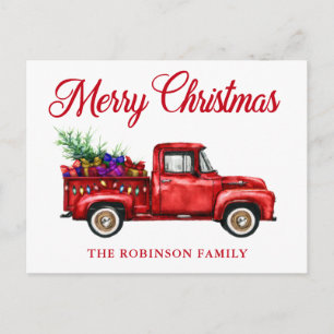 Vintage Red Truck Gifts Tree Christmas Family Name Postcard
