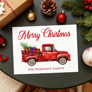 Vintage Red Truck Gifts Tree Christmas Family Name Postcard