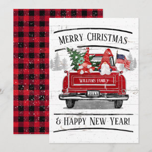 Vintage Red Truck Gnome Couple Patriotic Christmas Holiday Card