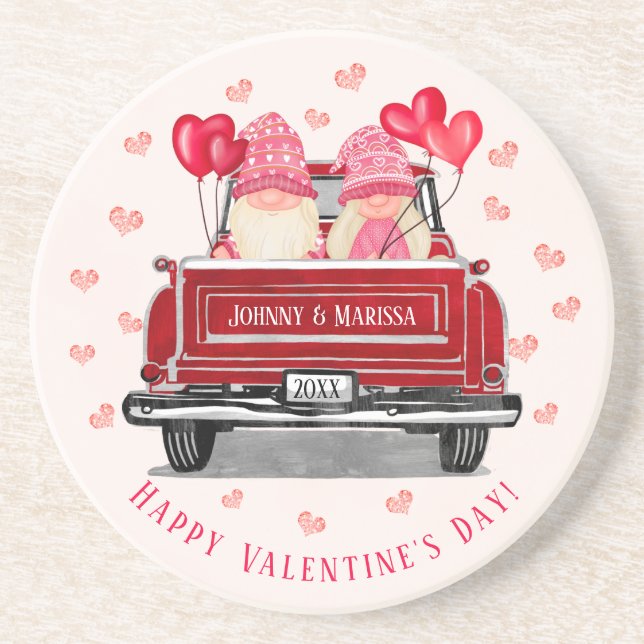 Vintage Red Truck Gnome Couple Pink Hearts Coaster (Front)