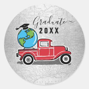 Vintage Red Truck Grad Cap World Globe Graduation Classic Round Sticker