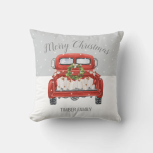 Vintage Red Truck Grey White Christmas Cushion