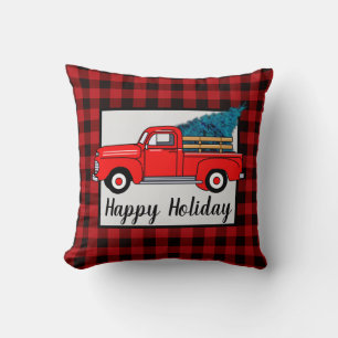 Vintage Red truck, happy holiday, buffalo plaid Cushion