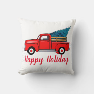 Vintage Red truck, happy holiday, Christmas tree Cushion