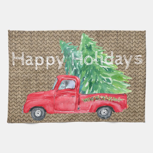 Vintage Red Truck Happy Holidays Tea Towel (Horizontal)