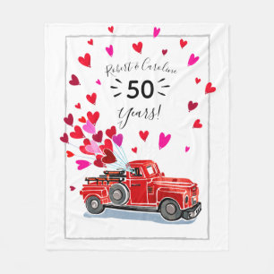 Vintage Red Truck Hearts Add Names Anniversary Fleece Blanket
