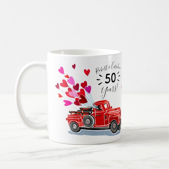 Vintage Red Truck Hearts Anniversary Add Names Coffee Mug (Left)