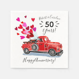 Vintage Red Truck Hearts Anniversary Add Names Napkin