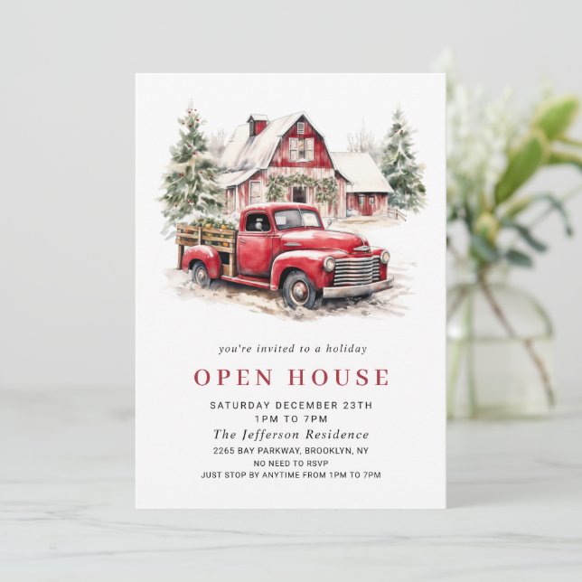 Vintage Red Truck Holiday Christmas Open House Invitation (Standing Front)
