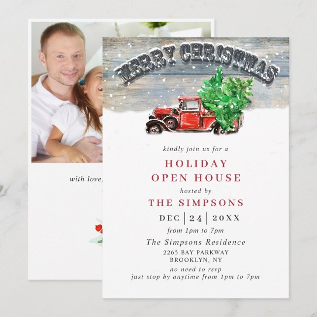 Vintage Red Truck Holiday Christmas Open House Invitation (Front/Back)