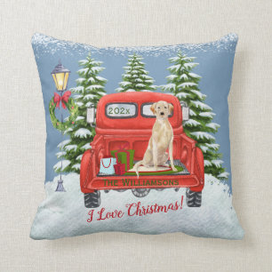 Vintage Red Truck Lab Retriever Snow Family Name   Cushion