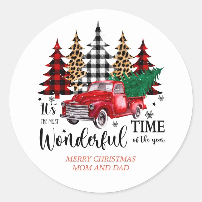 Vintage Red Truck Merry Christmas Classic Round Sticker (Front)