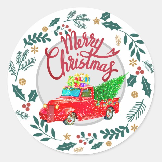Vintage Red Truck Merry Christmas Classic Round Sticker (Front)