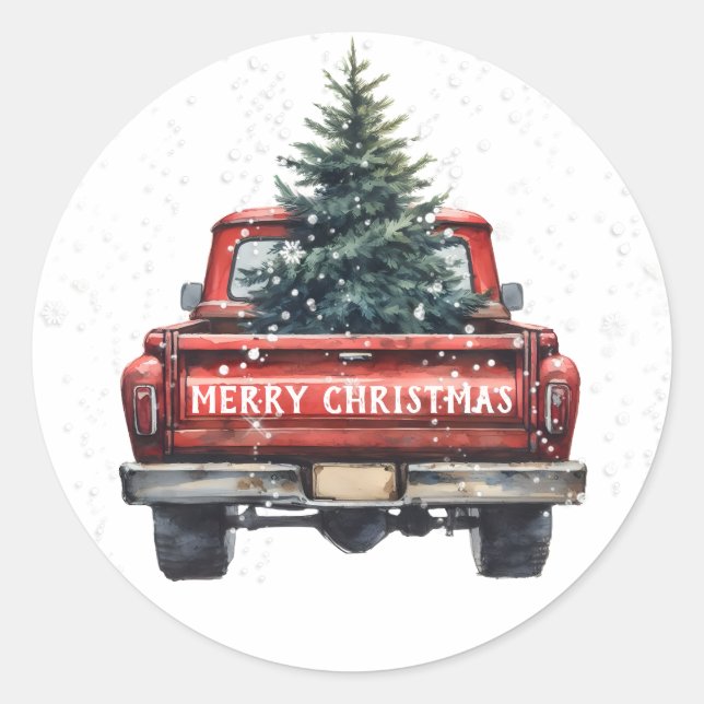 Vintage Red Truck Merry Christmas Classic Round Sticker (Front)