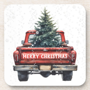 Vintage Red Truck Merry Christmas Coaster
