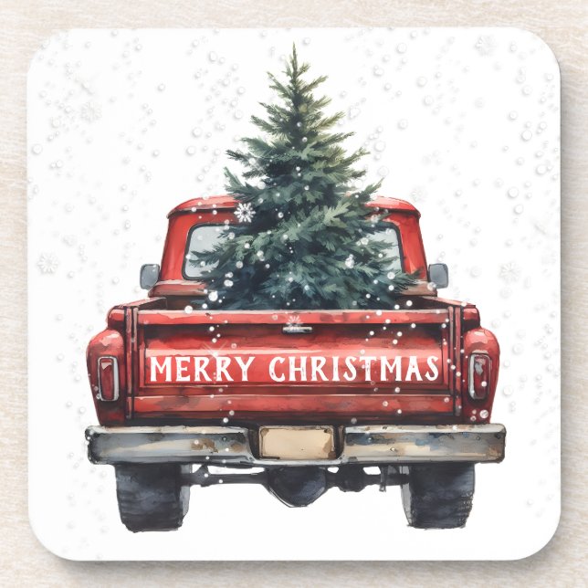 Vintage Red Truck Merry Christmas Coaster (Front)