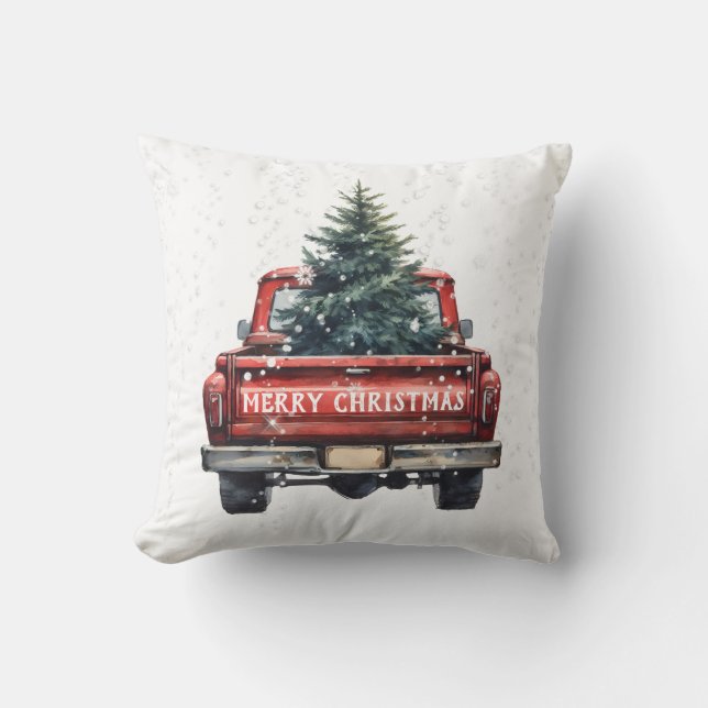 Vintage Red Truck Merry Christmas Cushion (Front)
